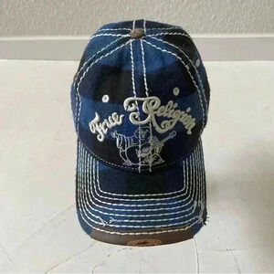 Vintage TRUE RELIGION Hat Distressed Blue Plaid Buddha Baseball Trucker RARE